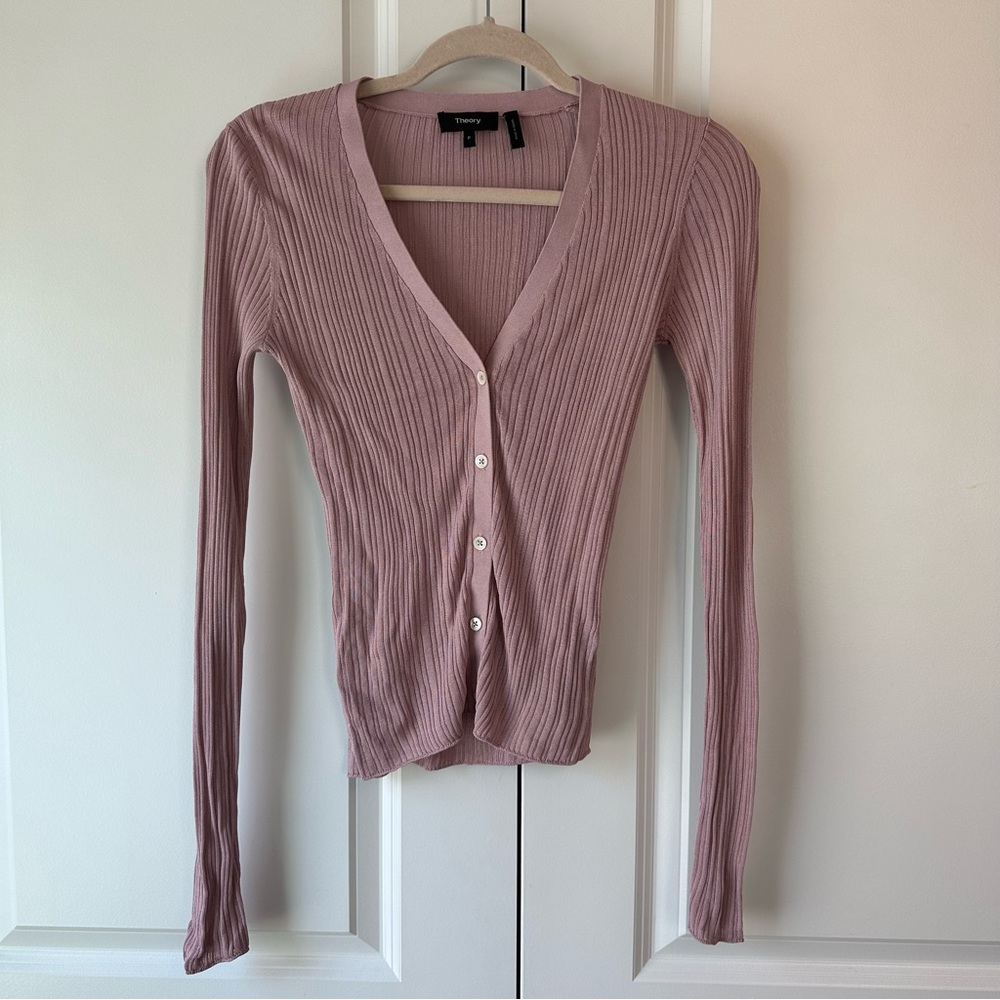 Theory Women’s Ribbed Pointelle V Neck Cardigan Dark Lilac Size P/XS